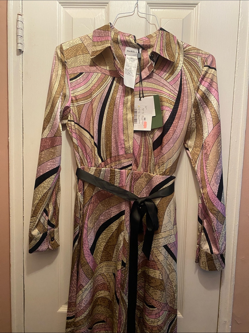 MARELLA Pink, Gold & Black Swirl Long-Sleeve Shirt Dress